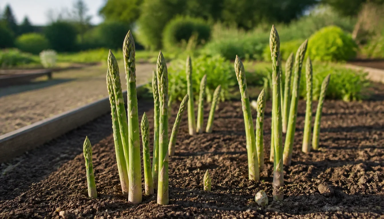 Healthy green asparagus spears emerging at several heights from a weed-free permanent garden bed