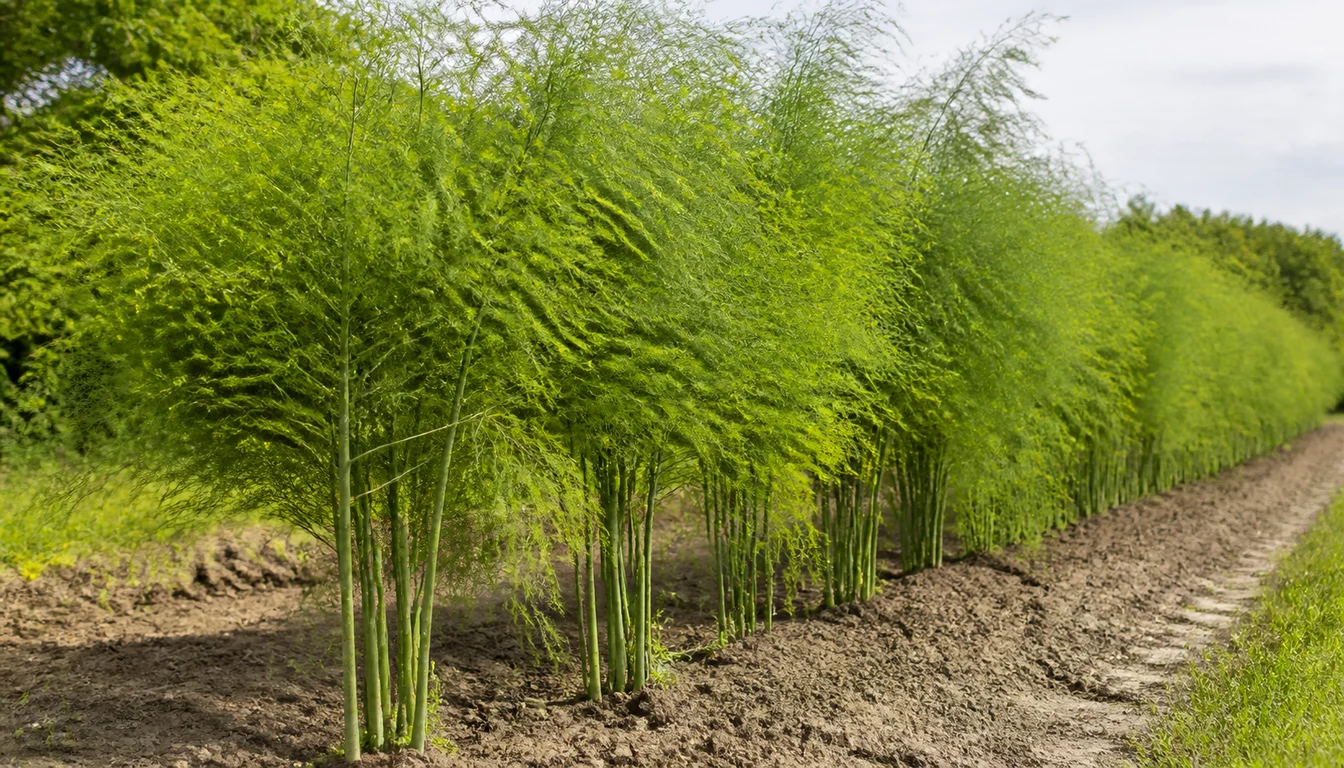 Tall green asparagus ferns filling a dedicated garden row after the spring harvest