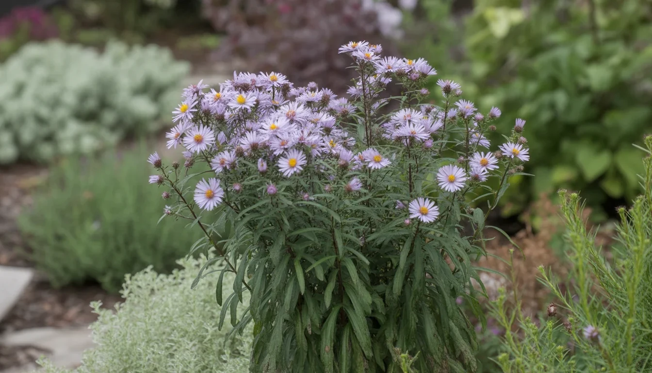 A mature aster clump in full fall bloom with pale lavender daisies spread along branched side stems in a mixed perennial border