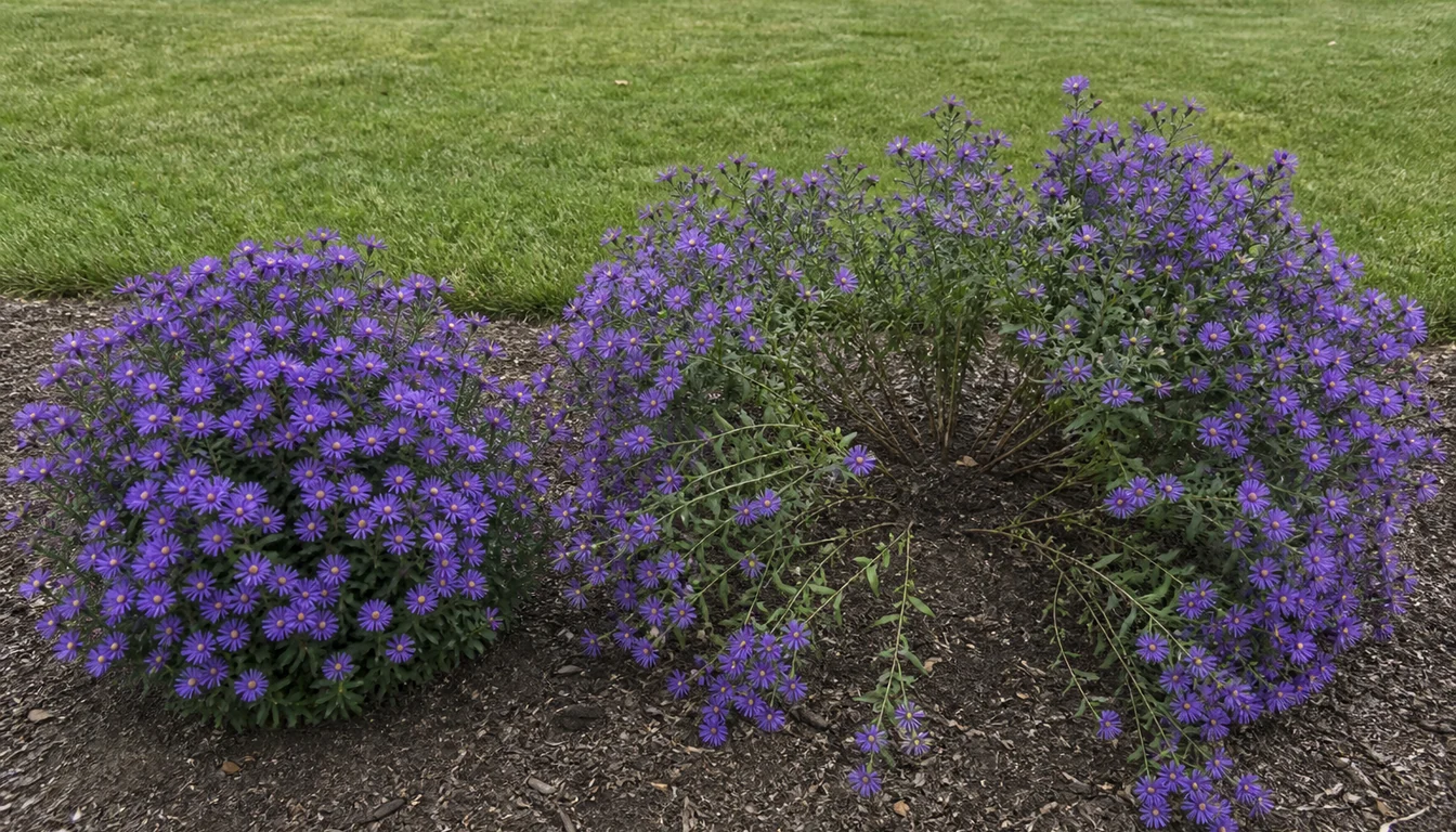 Two asters in the same September garden bed, one compact and self-supporting after pinching and one tall with stems split open and leaning outward