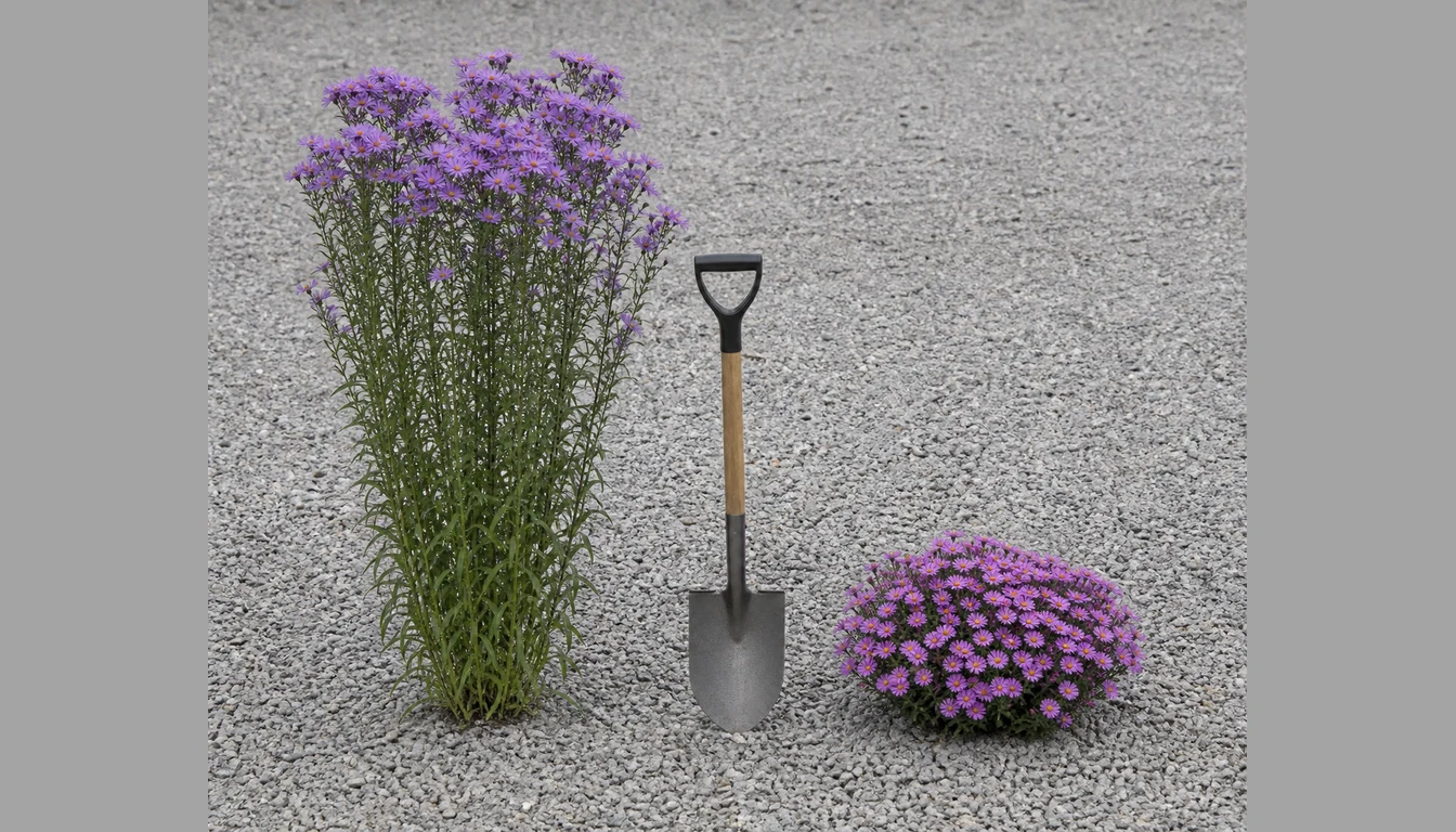 A tall New England aster beside a compact dwarf border aster in bloom with an upright garden spade between them for scale