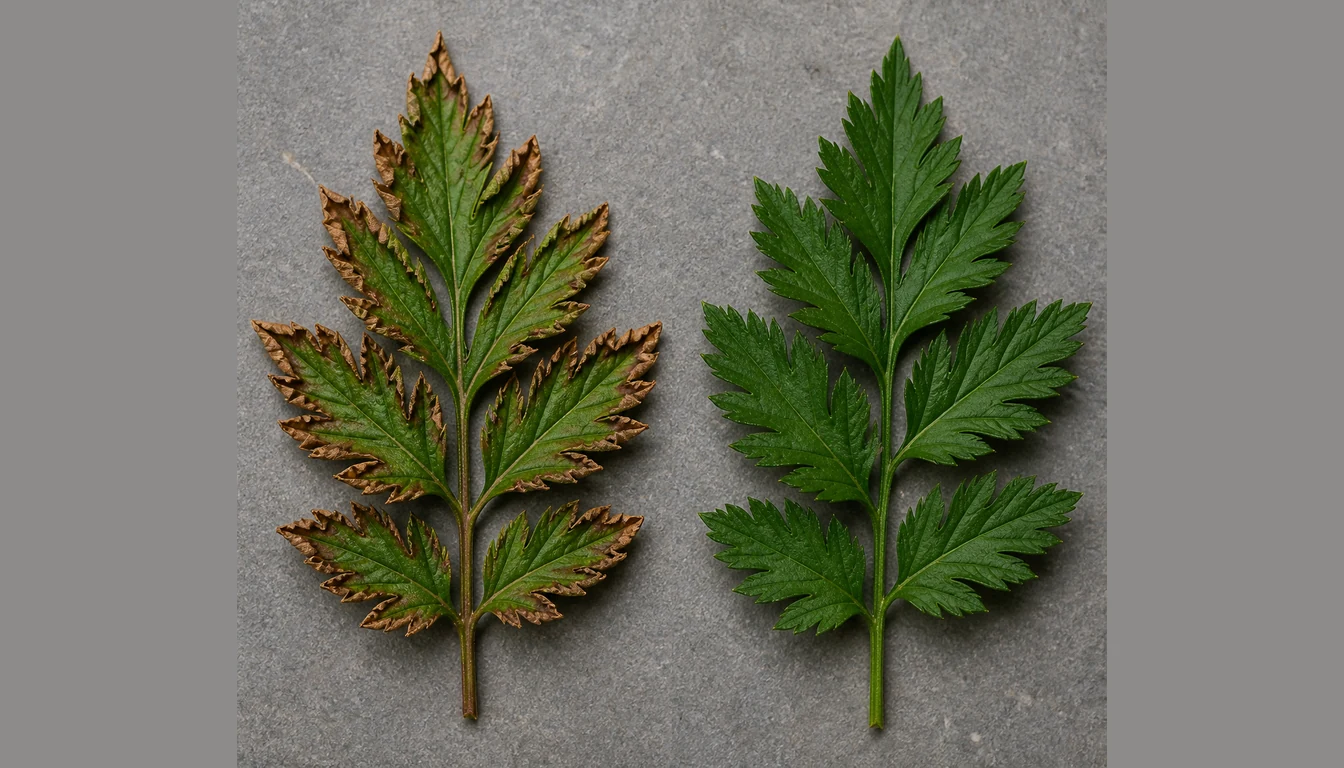 One astilbe leaf with dry brown scorched margins curling inward beside a healthy green leaf of the same cultivar with intact edges