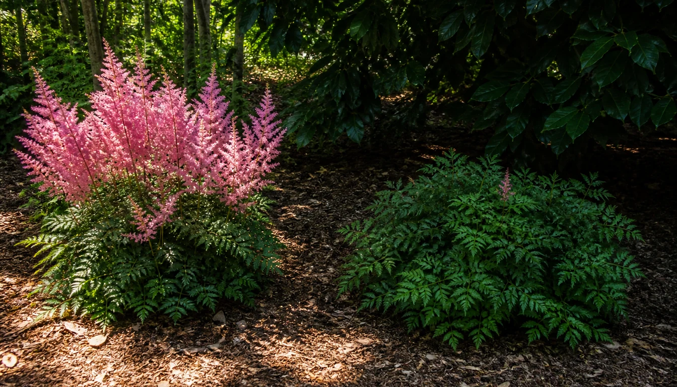 Two astilbe clumps of the same cultivar in one garden, the clump in dappled morning light carrying many full plumes and the clump in deep shade showing healthy foliage with almost no flower spikes