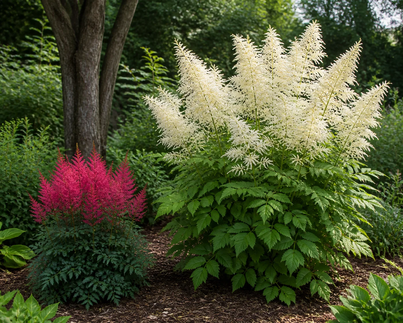 Compact Astilbe foliage and plumes beside the much larger leaves and flower spikes of true goat's beard (Aruncus dioicus).