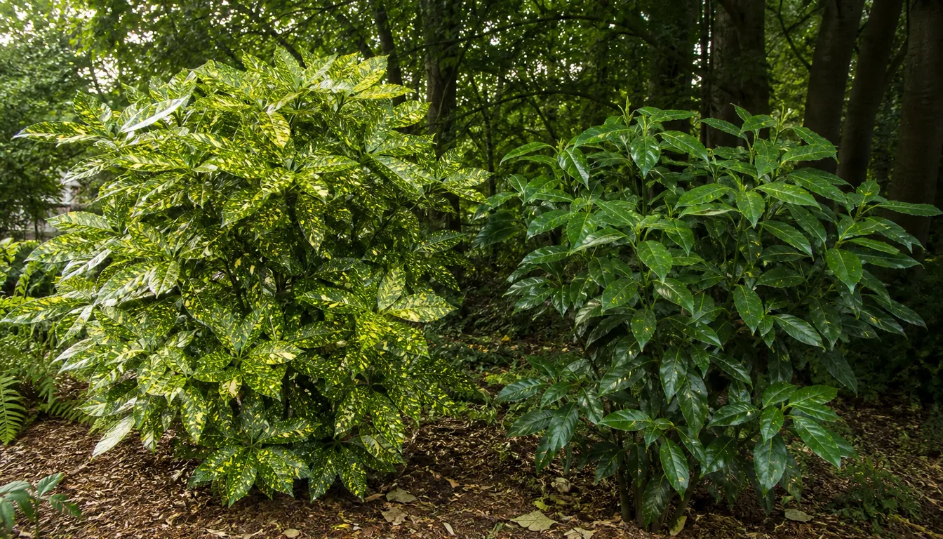 Two aucubas of the same gold-speckled cultivar in one bed, the one in dappled light dense and vividly marked, the one in deep shade sparse and almost plain dark green