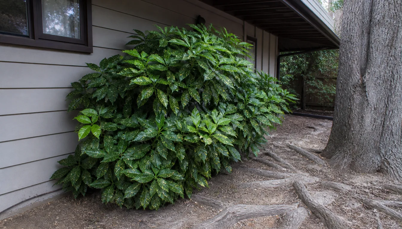 A dense healthy aucuba filling a narrow bed against a shaded house wall under deep eaves, with the surface roots of a large tree running through the dry bare soil beside it