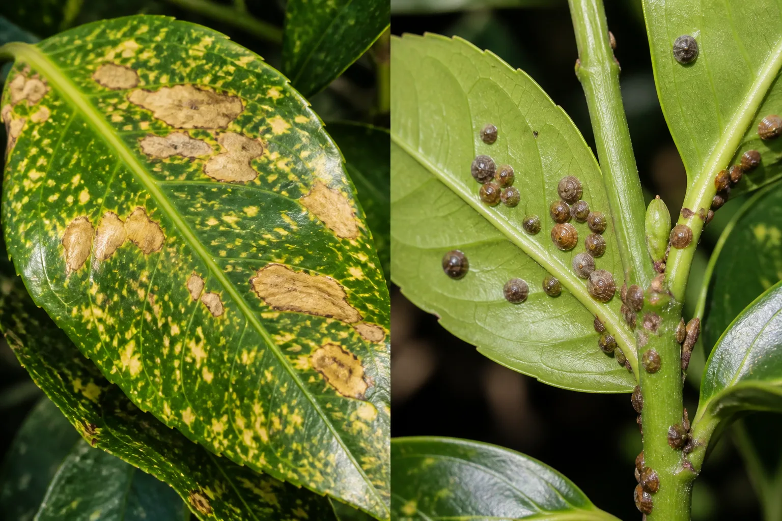 Side-by-side comparison of an Aucuba leaf with pale brown sun-scorched patches on gold-speckled areas beside an Aucuba stem covered in raised brown scale insects