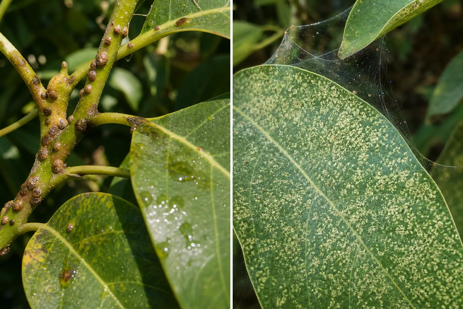 Side-by-side avocado tree comparison showing brown scale insect bumps with sticky honeydew on a stem beside a leaf with fine spider mite webbing and stippling