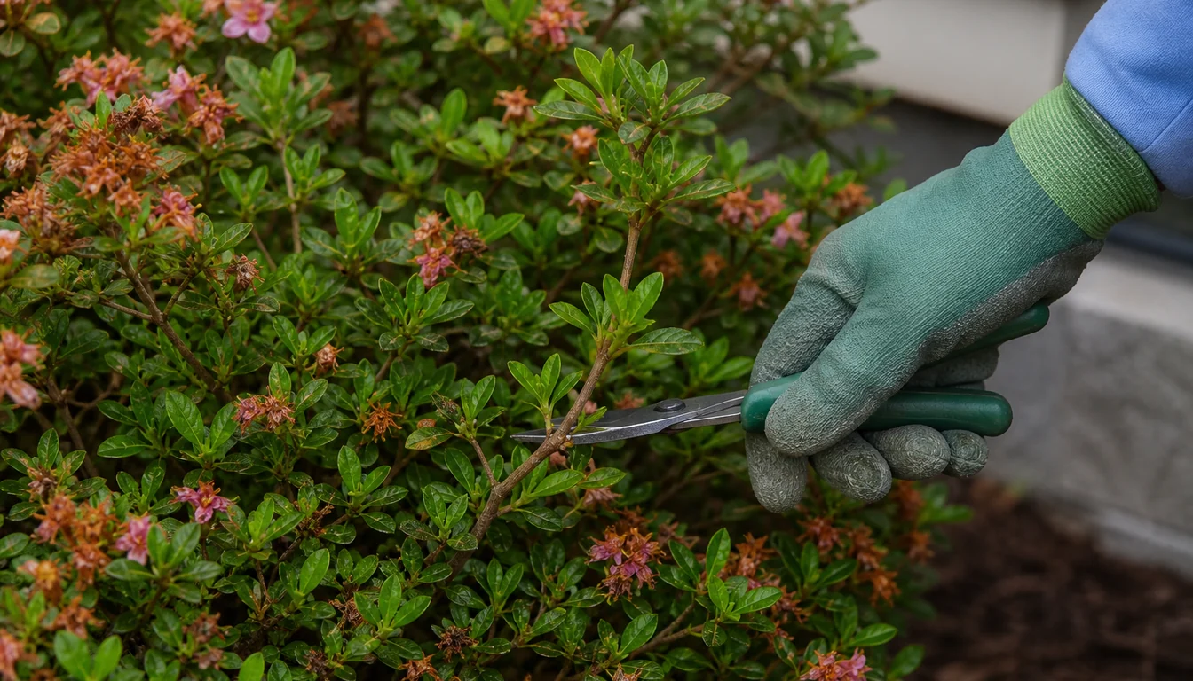 Gloved hand making a selective cut above a leafy side branch on an azalea with spent flower trusses in late spring
