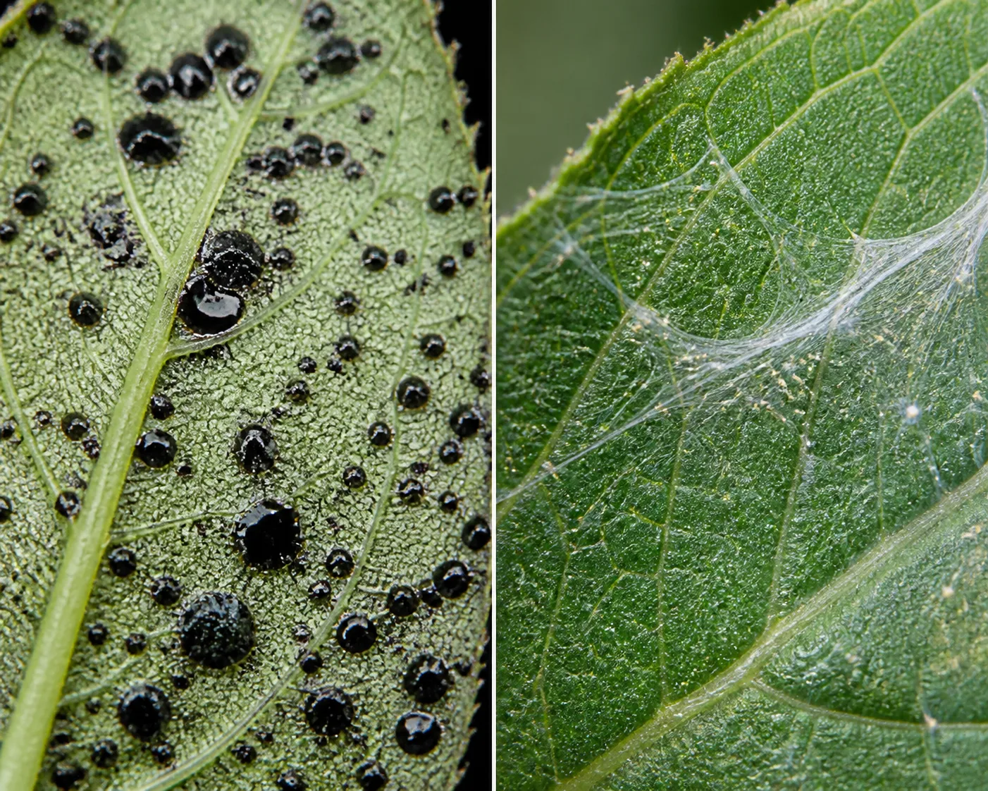 Close comparison of shiny black lace bug varnish spots on an azalea leaf underside beside fine spider mite webbing between leaf veins