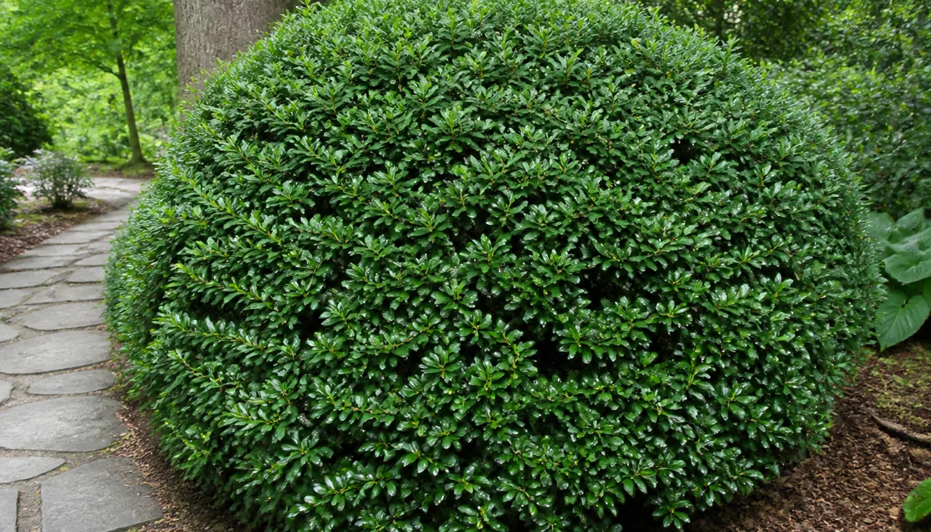 A mature azalea in midsummer with no flowers, a dense rounded mound of small dark evergreen leaves beside a shaded flagstone path