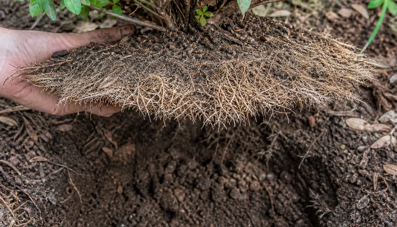 An azalea lifted just clear of its hole showing a wide flat mat of very fine hair-like roots spread shallow near the surface, with no thick taproot