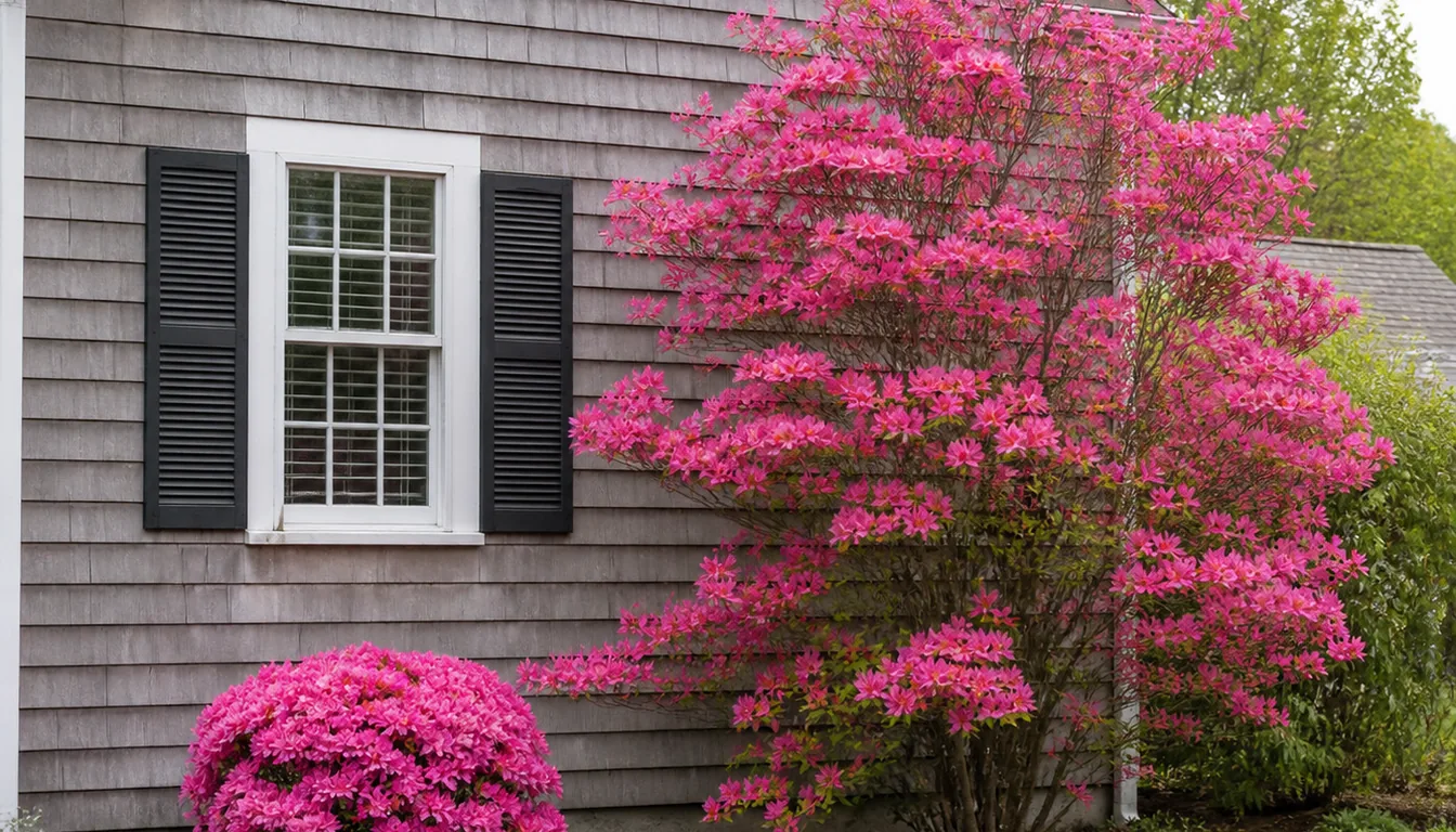 Two azaleas in bloom against the same house wall, a low compact mound under the window and an older open plant beside it reaching well above the window top