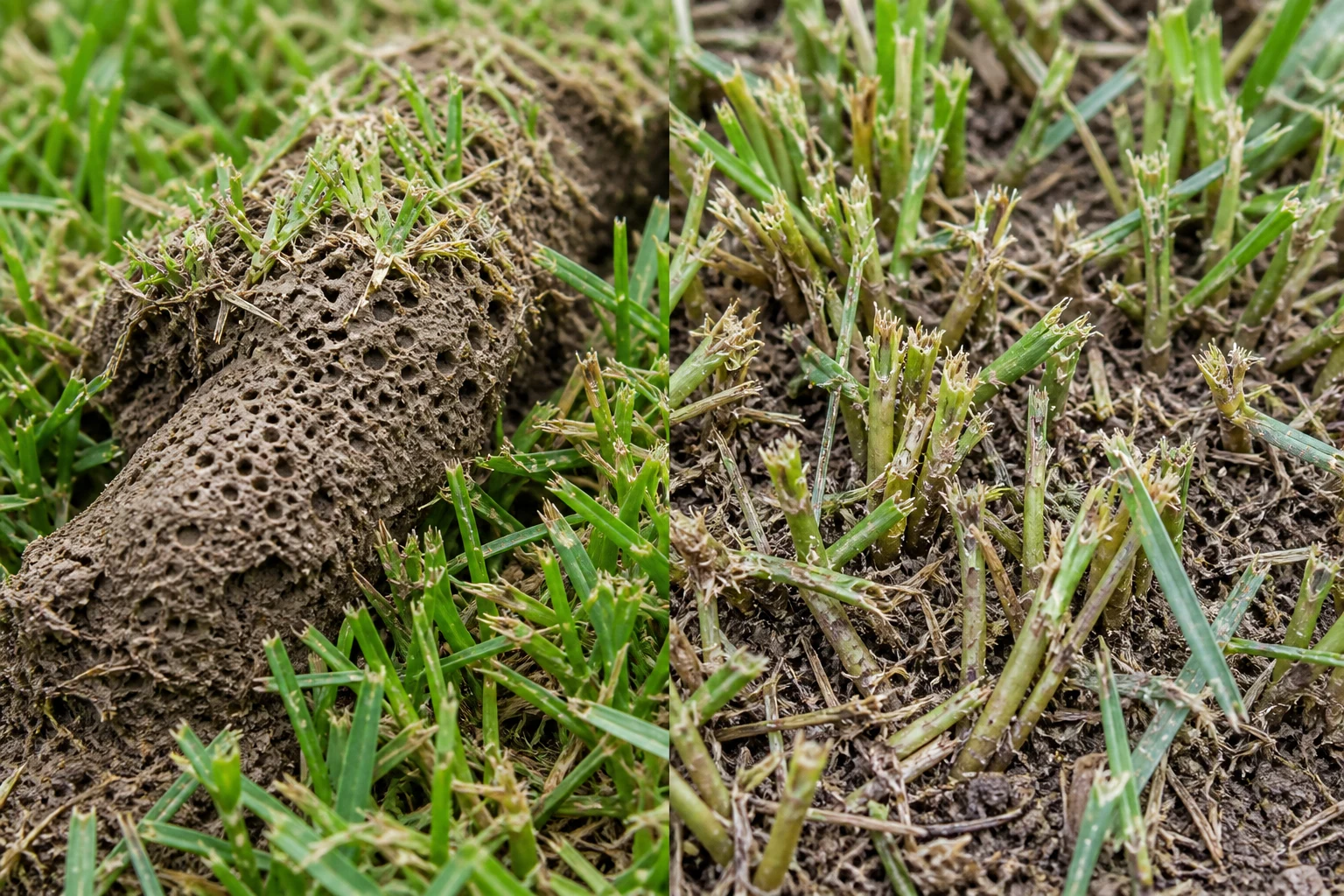 Close comparison of raised spongy mole cricket tunnels in turf beside ragged bahia grass blades chewed to stubble by armyworms