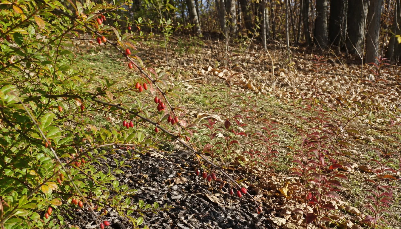 Red berries on a thorny Japanese barberry at a maintained bed edge with young barberry seedlings emerging in woodland leaf litter beyond it