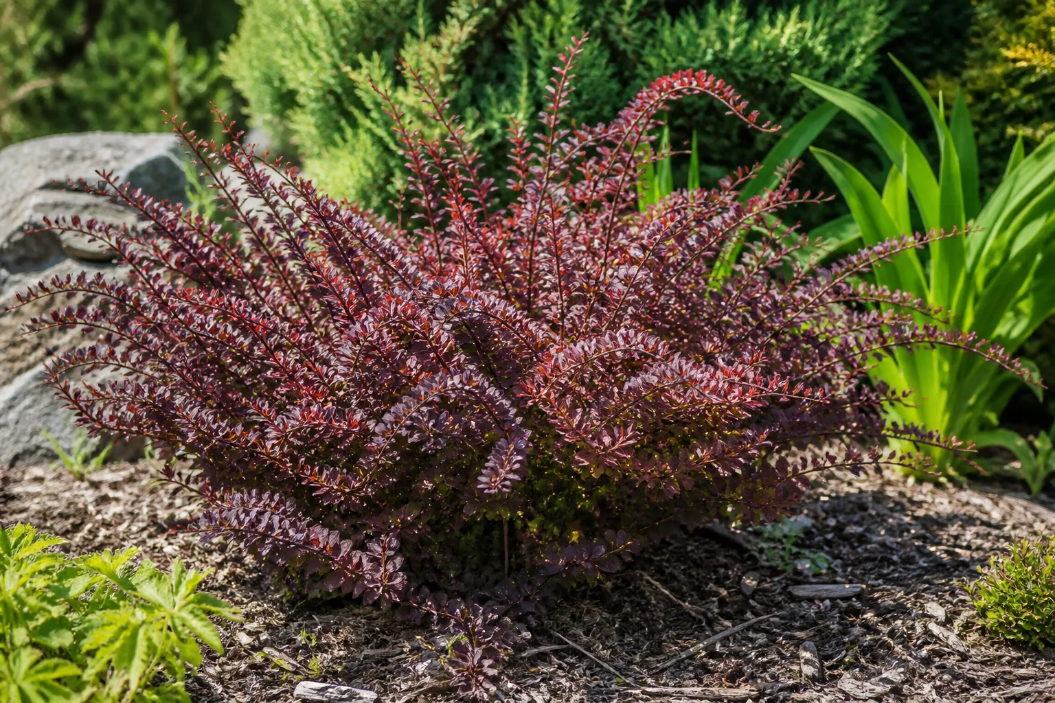 Barberry shrub with small colorful leaves and thorny arching stems in sun