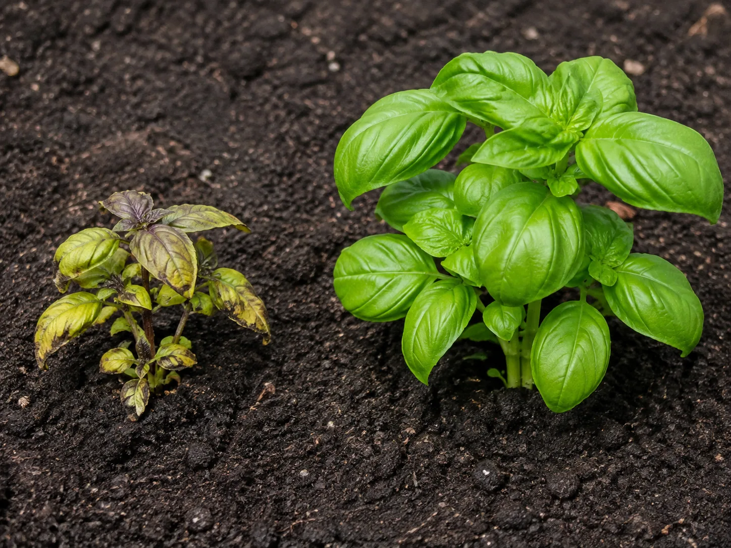 Two young basil plants in dark garden soil, the left small and stalled with yellowing leaves carrying brown and blackened patches and a purple cast, the right much larger with abundant bright green leaves
