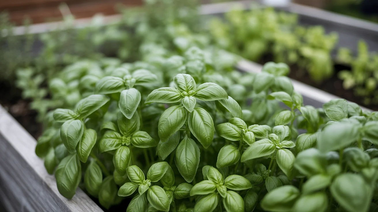 Healthy sweet basil with broad glossy leaves in opposite pairs