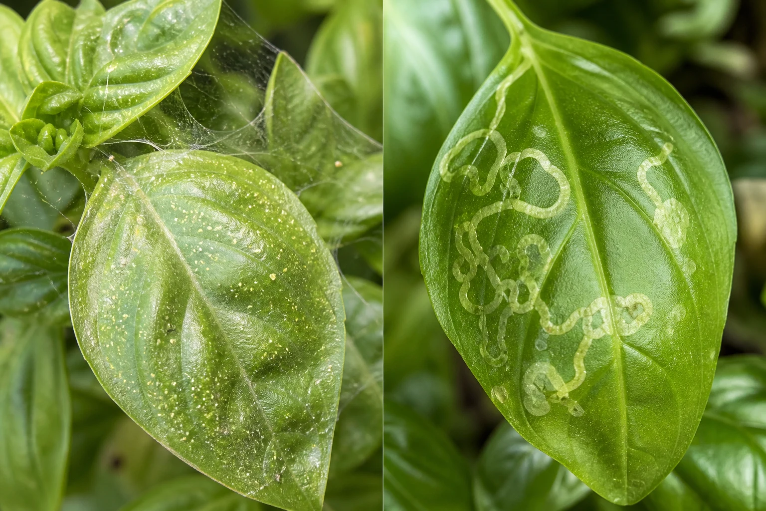 Close comparison of fine spider mite webbing and stippling on a basil leaf beside pale winding leaf miner tunnels inside another basil leaf