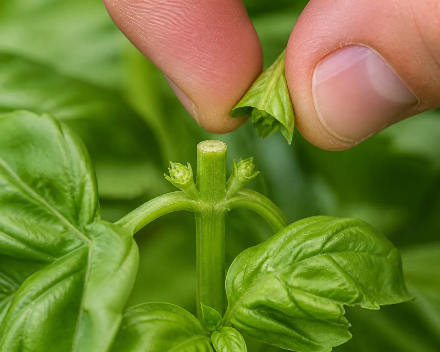 Fingers pinching the soft growing tip from a basil stem directly above a node where two small side shoots are already emerging