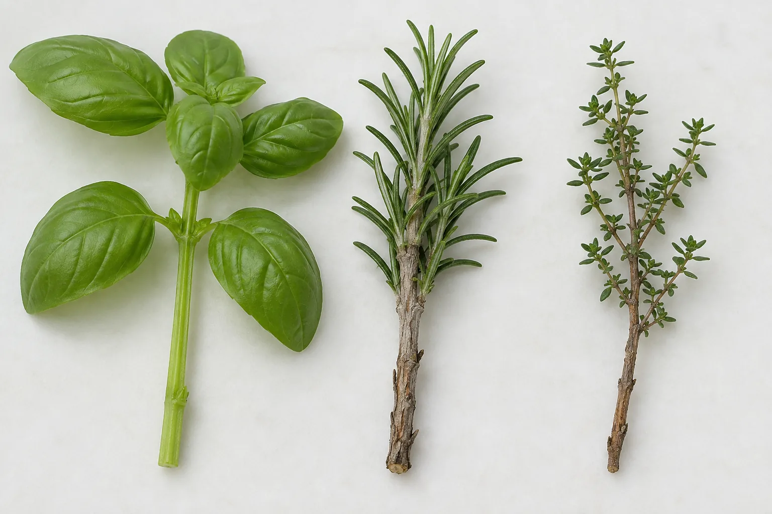 Three herb stems side by side on a pale surface, a soft green non-woody basil stem on the left, a rosemary stem with gray woody bark in the middle, and a thin woody thyme stem on the right