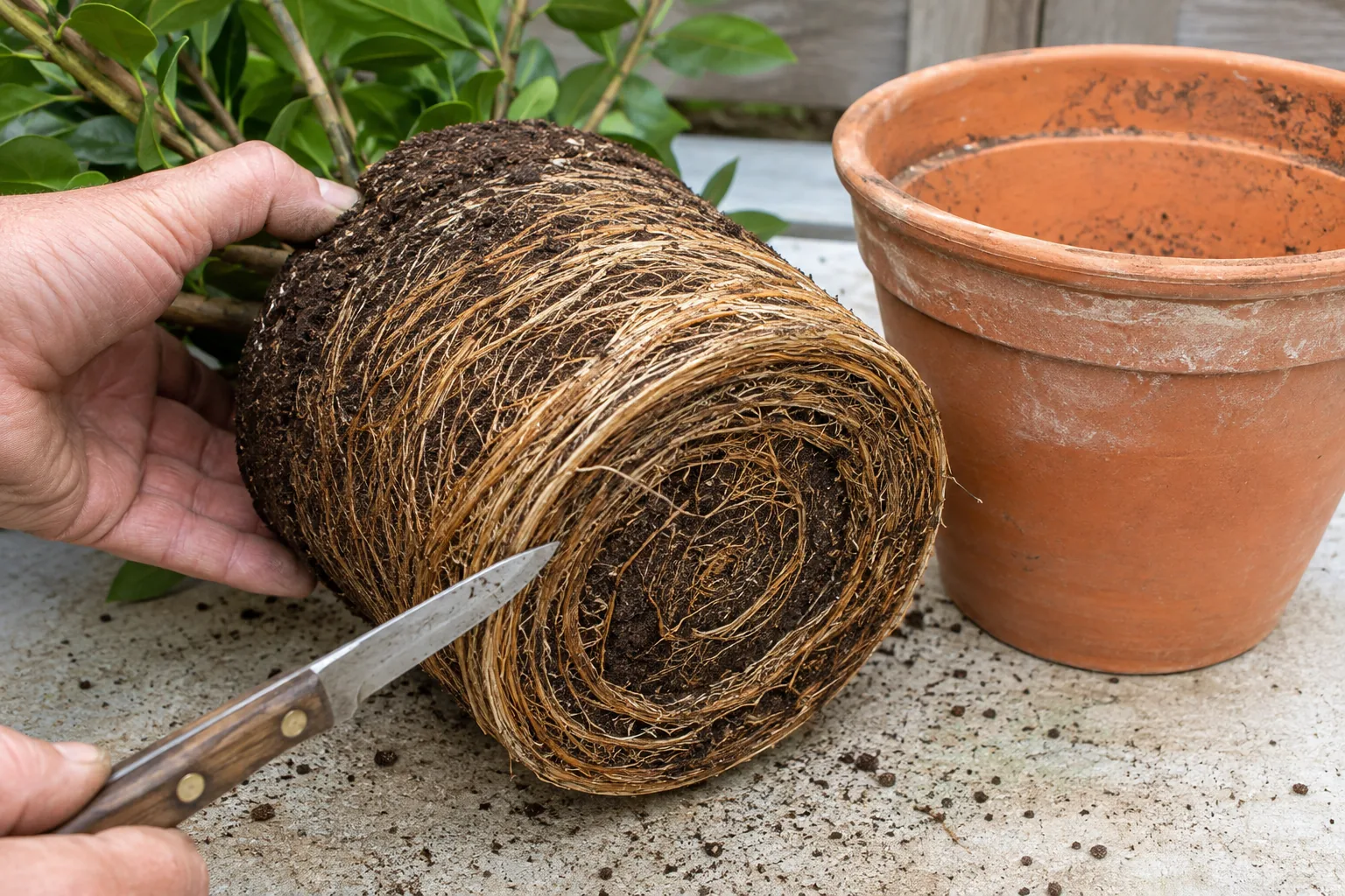 A bay laurel root ball lifted out of its pot and held on its side, its outer surface a dense spiral of pale circling roots, with a knife resting against that outer layer and the empty pot alongside