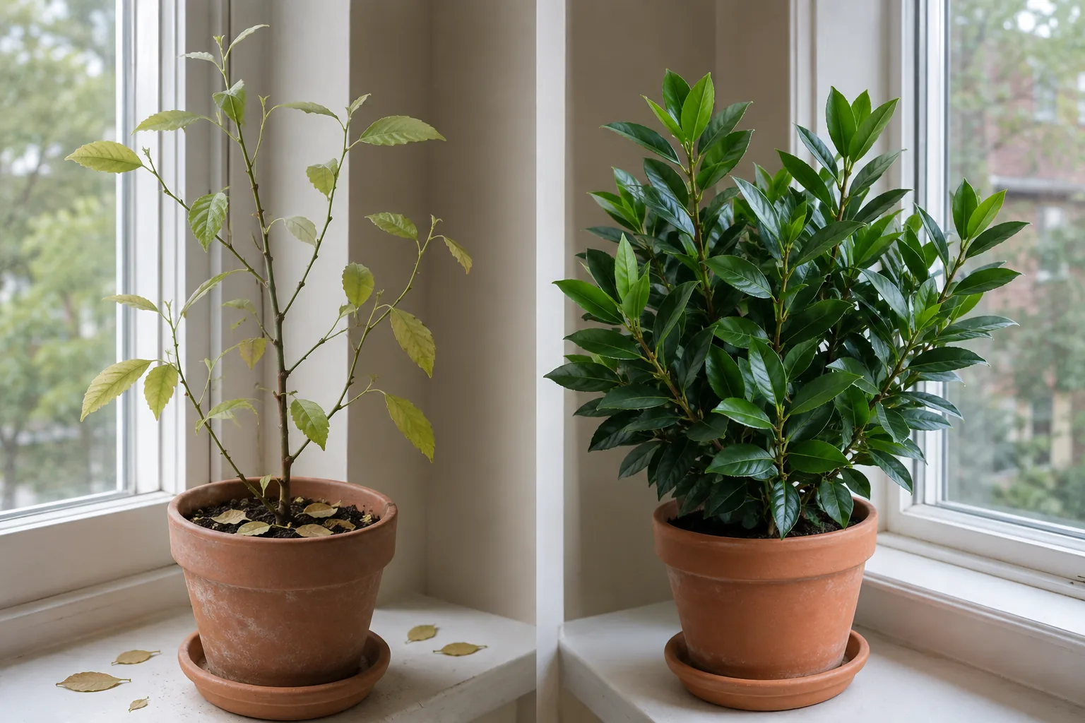 Two potted bay laurel plants at a window, the left sparse and leggy with pale yellowing leaves and fallen leaves on the sill, the right dense with glossy deep green leaves