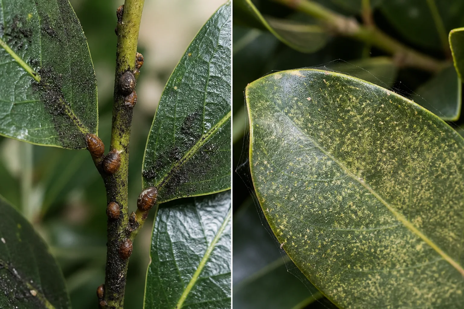 Side-by-side comparison of a bay laurel stem with brown scale insects and black sooty mold beside a bay laurel leaf with fine spider mite webbing and stippled discoloration