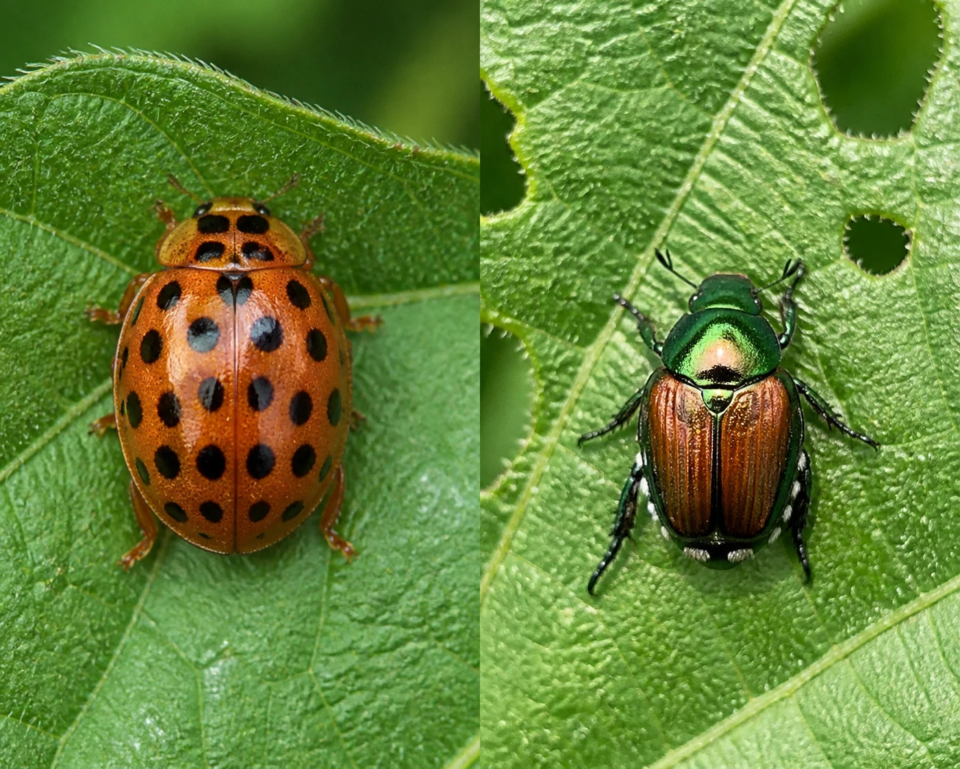 Close comparison of a copper Mexican bean beetle with black spots next to a metallic green Japanese beetle on a bean leaf