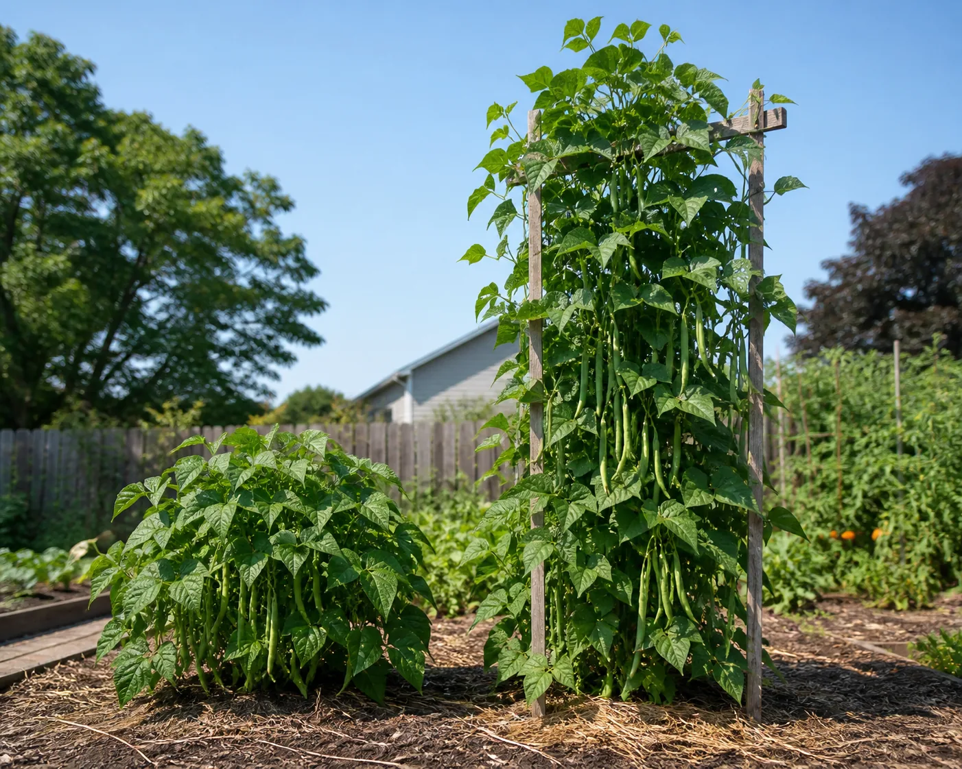 A knee-high bush bean plant with pods near the base beside pole bean vines carrying pods on a wooden trellis well above head height in the same garden bed