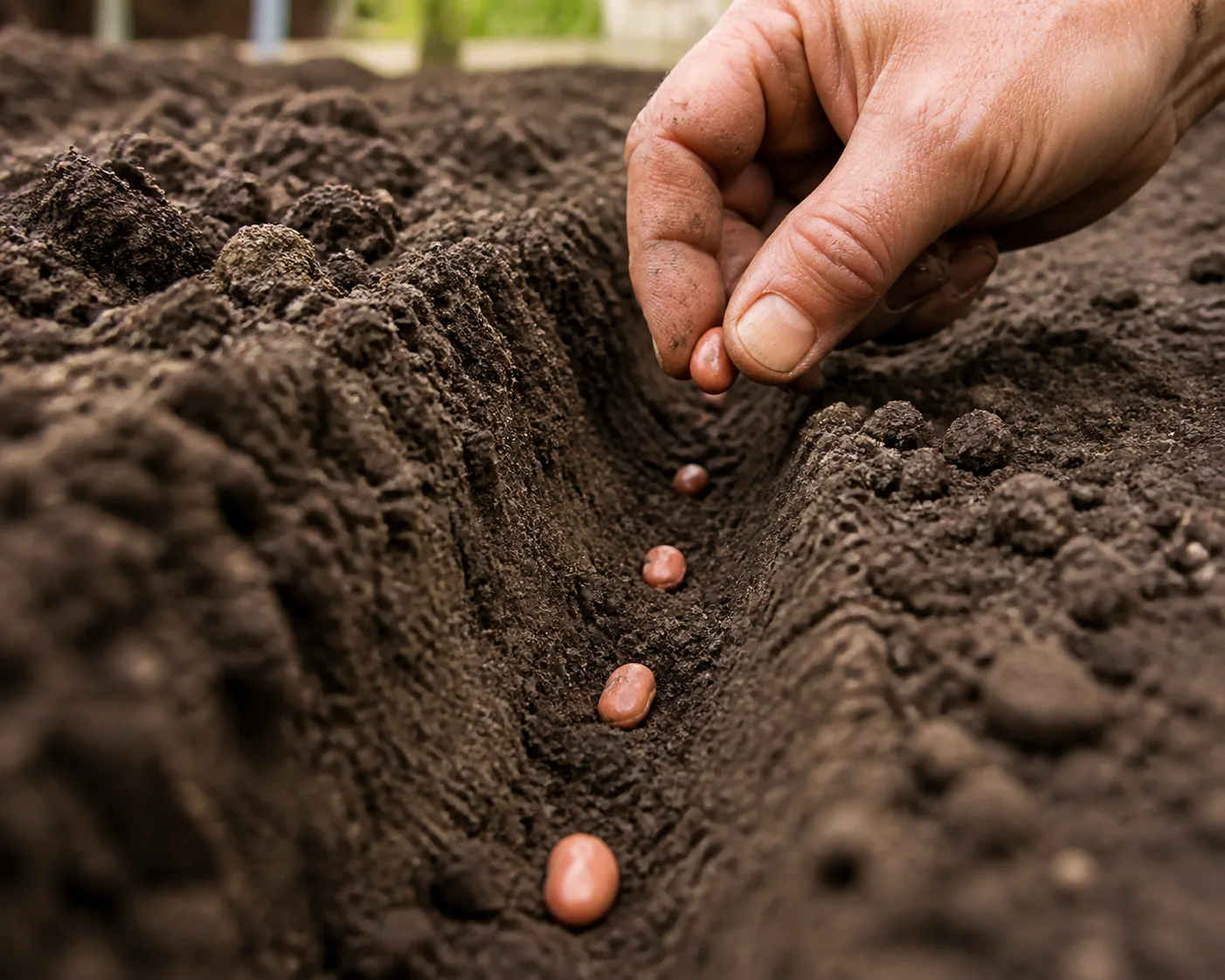 An open shallow furrow in dark garden soil with bean seeds spaced along the bottom and the soil pulled back on one side so the depth of the trench is visible