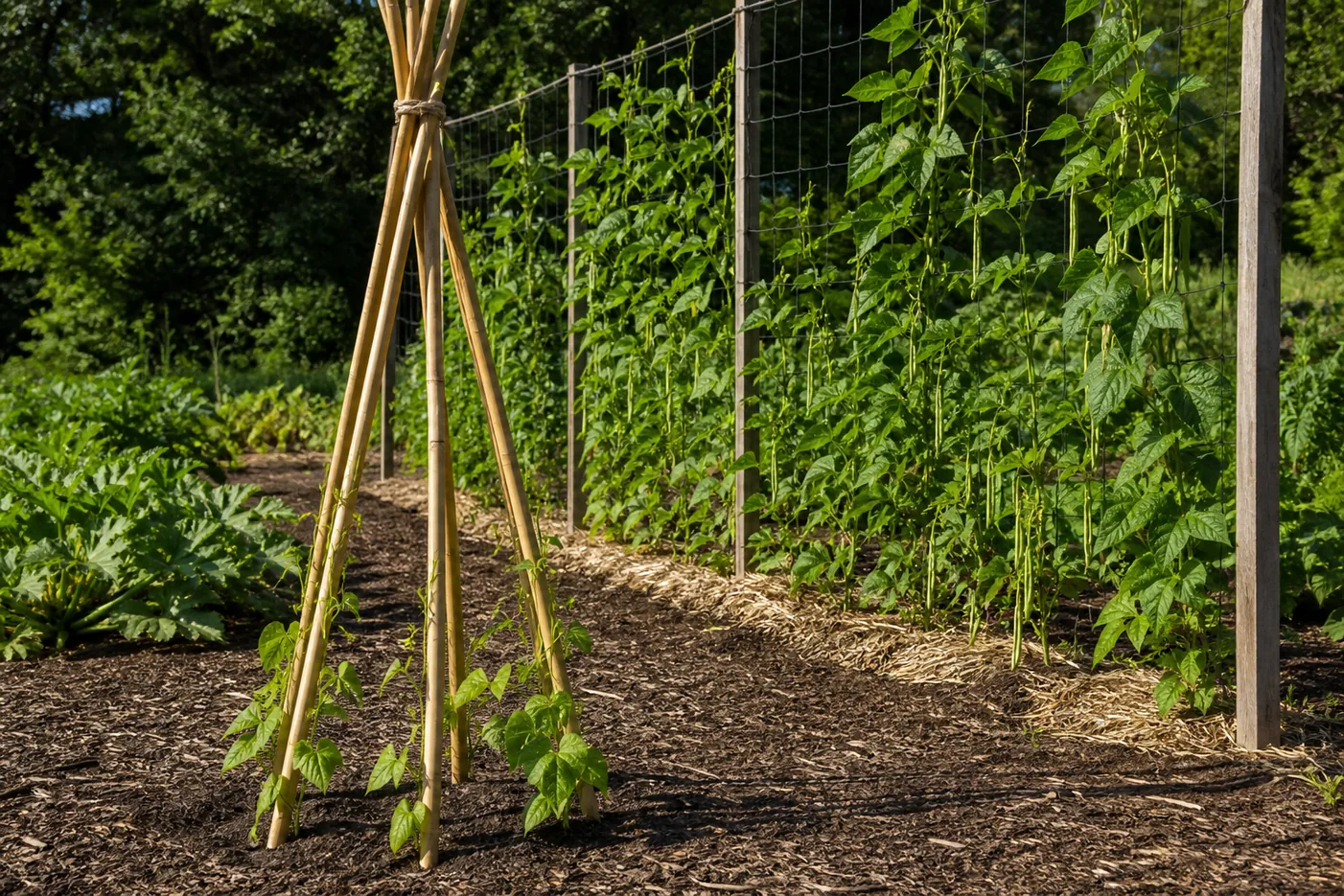 A bamboo teepee with young bean vines starting to climb in the foreground and a netted single-row bean trellis carrying taller vines in pod behind it