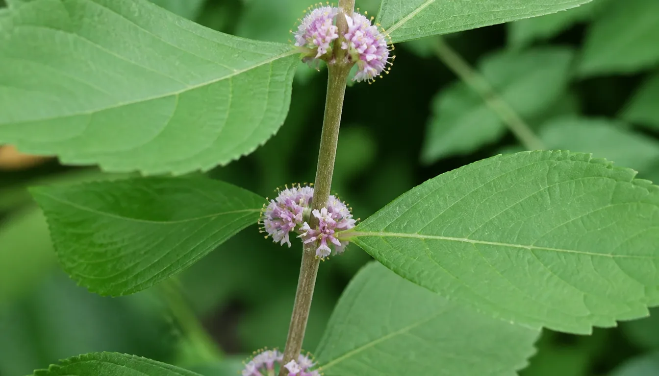 Tight clusters of tiny pale pink and lavender beautyberry flowers sitting in the leaf axils at three nodes along a green stem, no berries anywhere