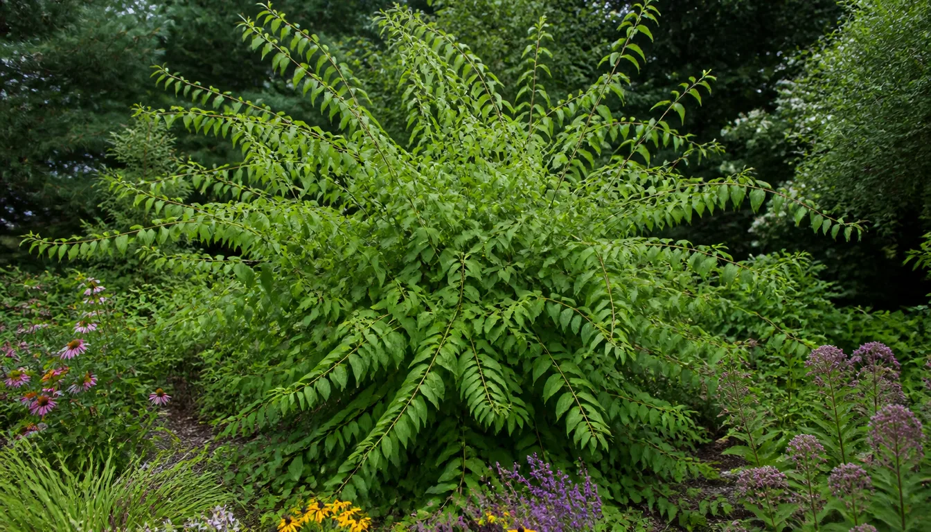 A whole beautyberry in midsummer, long arching stems of plain green leaves carrying no berries, sitting behind flowering coneflowers and rudbeckia in a mixed border