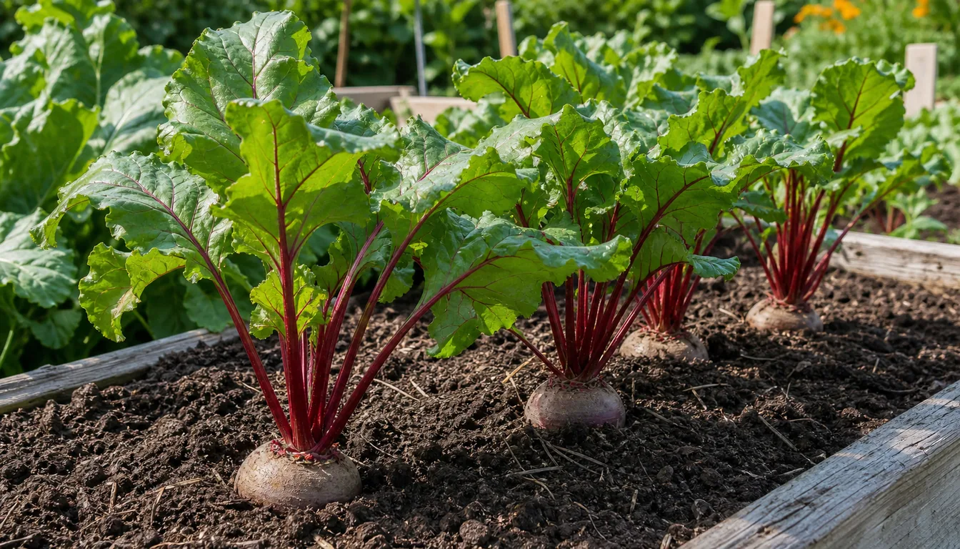 Mature beet plants with red stems and round root shoulders growing in a raised garden bed