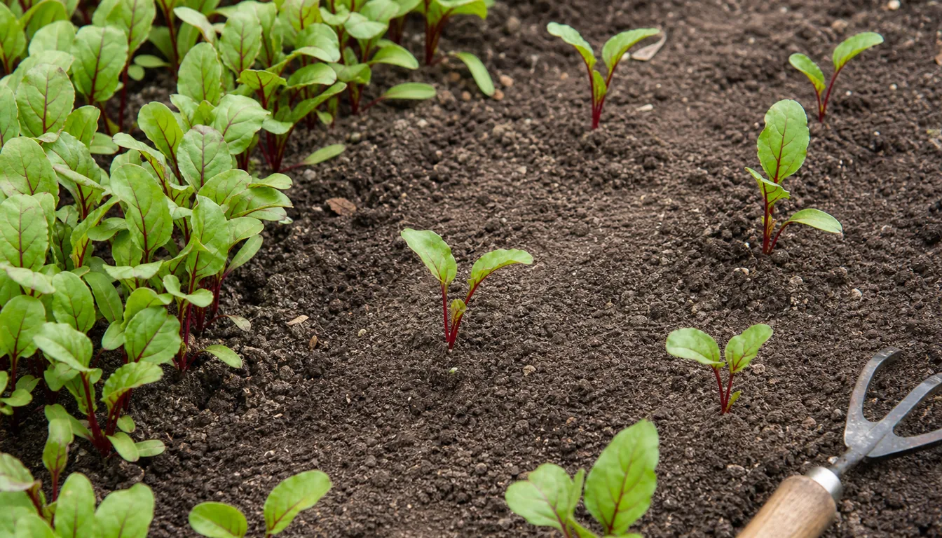 Young beet seedlings with red stems thinned into open gaps in a loose soil row