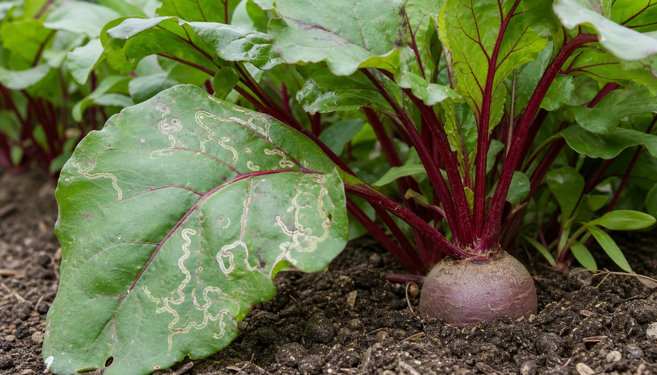 Beet leaf with pale leaf miner trails beside healthy red stems and a clean root shoulder