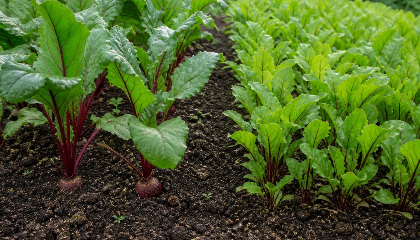 Widely spaced beet plants with round root shoulders beside a close row grown for tender greens