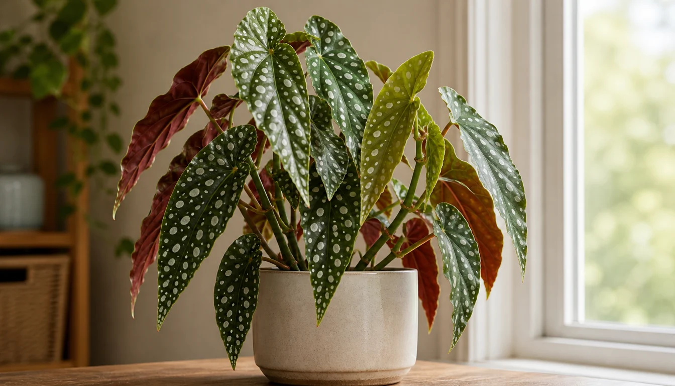 Mature Begonia maculata with upright canes, spotted leaves, and burgundy undersides beside a bright curtained window