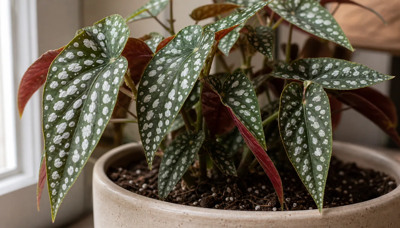 Begonia maculata pot with dry airy mix and spotted leaves kept away from water on a kitchen counter