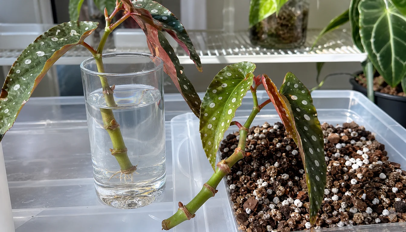Begonia maculata stem cuttings with visible nodes beside a clear water glass and airy propagation mix