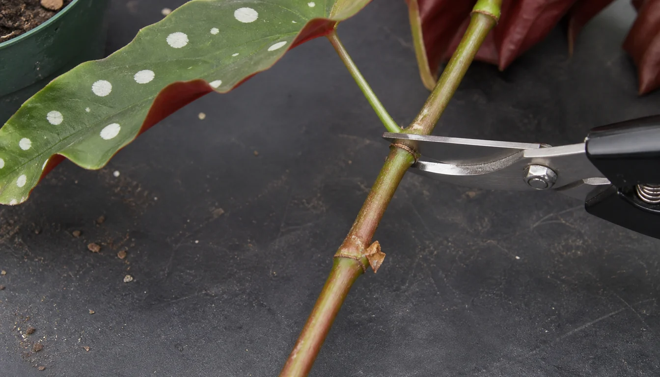 Clean snips cutting a Begonia maculata cane just above a visible node on a potting bench