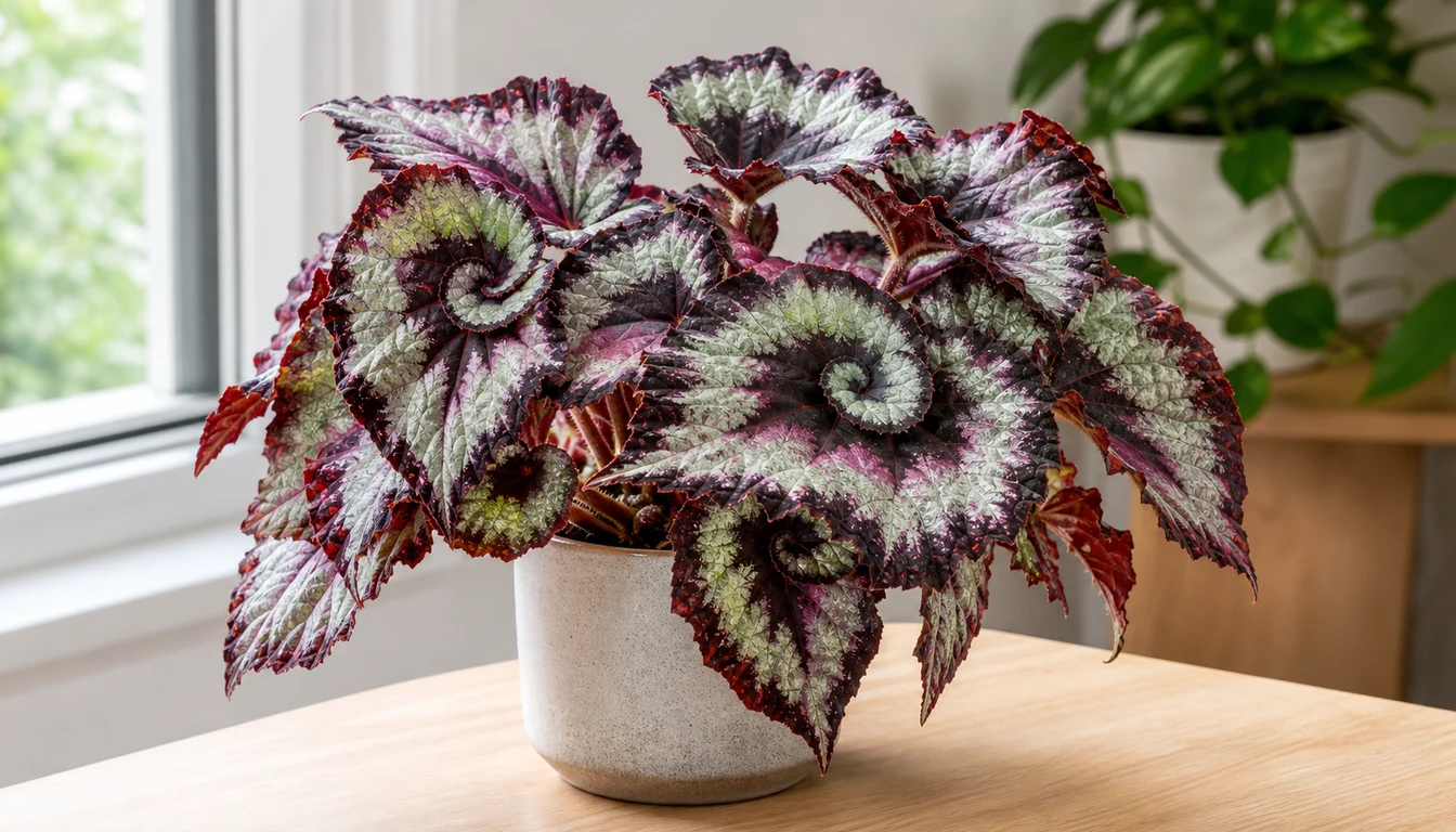 Full Rex Begonia with silver burgundy green and pink leaves beside a filtered window