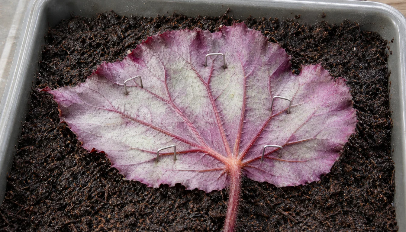 Underside of a Rex Begonia leaf pinned flat against moist propagation mix along its major veins