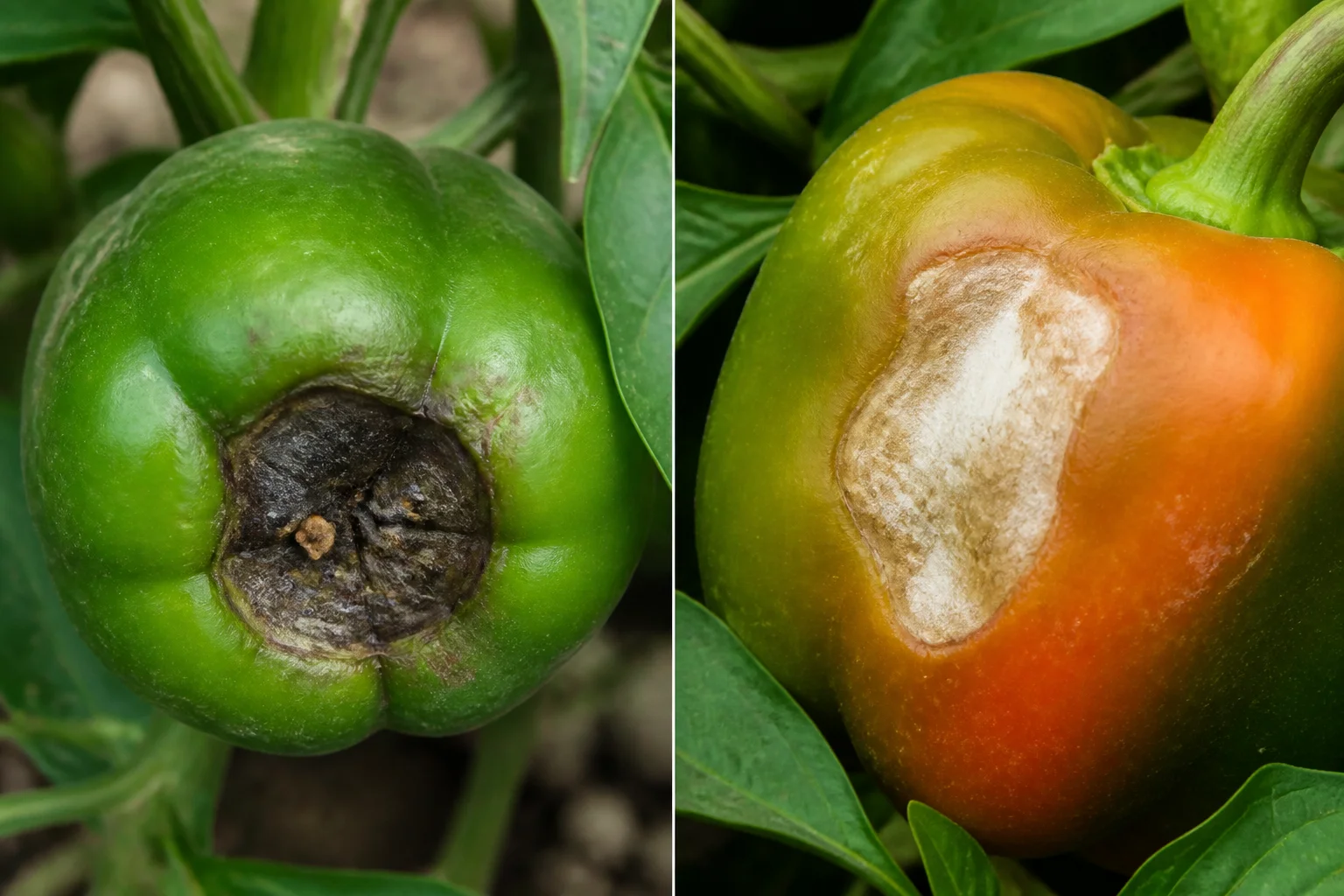 Side-by-side bell pepper comparison showing a dark sunken blossom-end rot patch on the fruit tip next to a papery tan sunscald patch on a sun-exposed shoulder