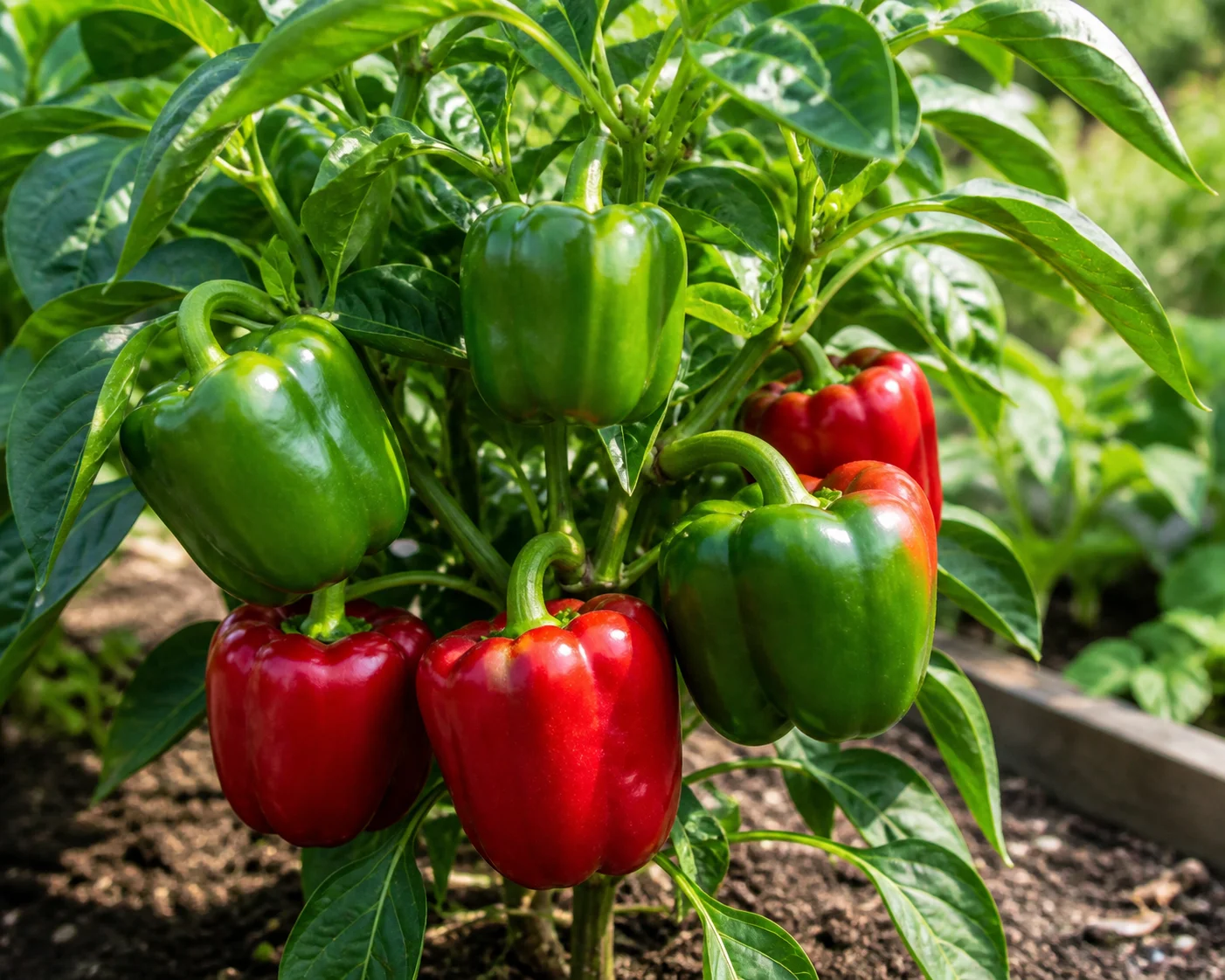 Bell Pepper plant with green and red blocky fruits ripening in full sun