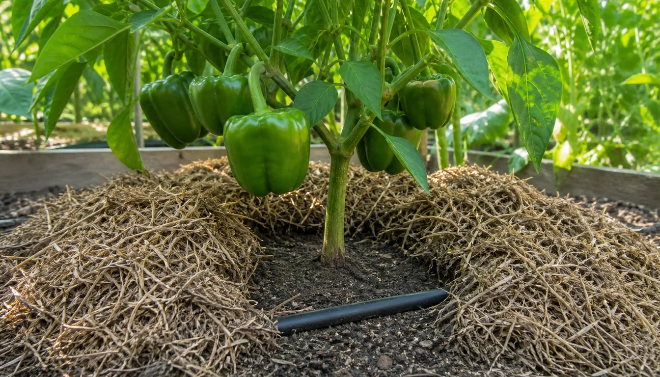 Fruit-bearing bell pepper above a drip line and mulch ring kept clear of the main stem