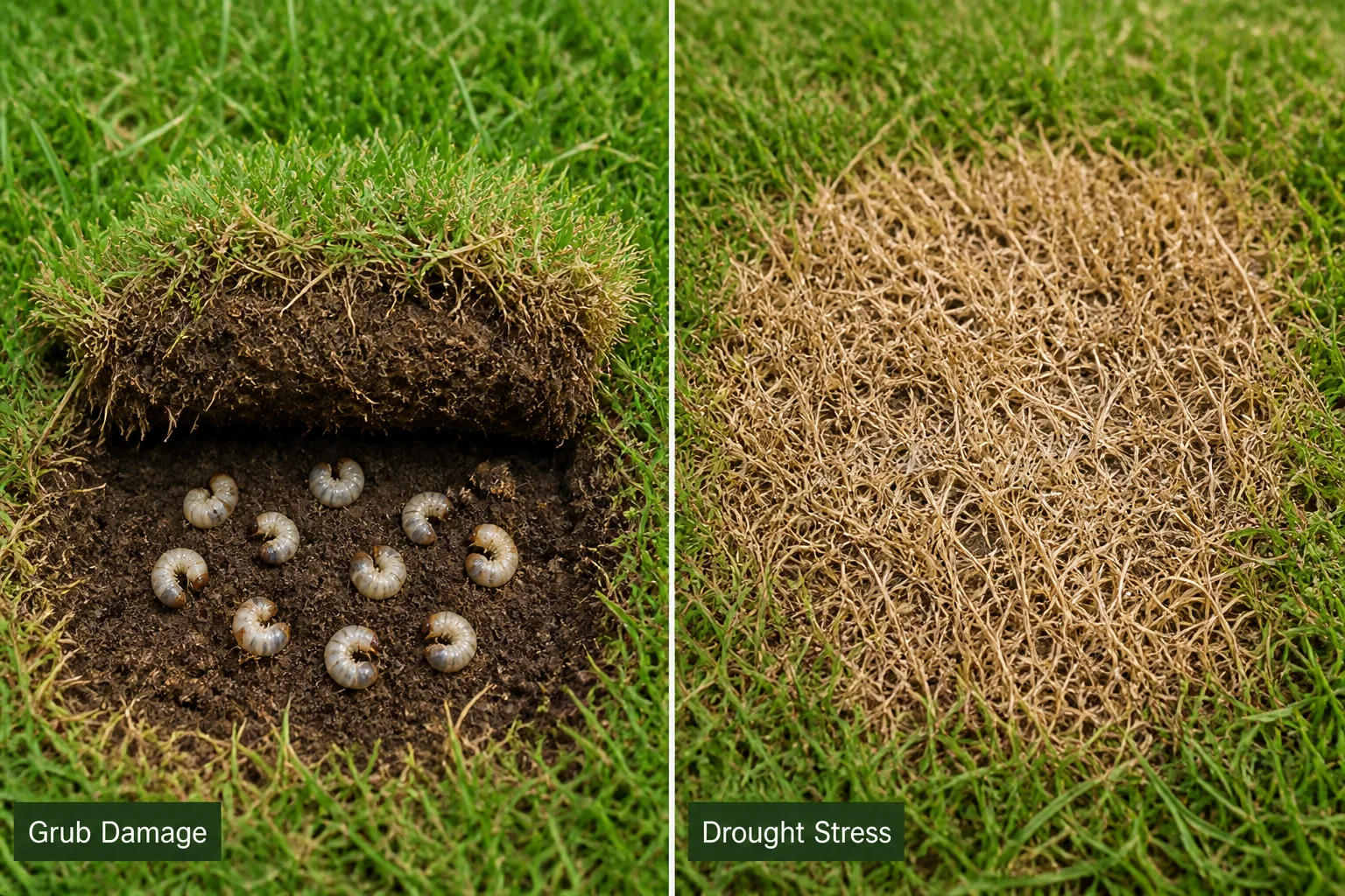 Side-by-side comparison of a lifted turf section showing white grubs in the soil beside a uniformly brown, dry patch of drought-stressed Bermuda grass