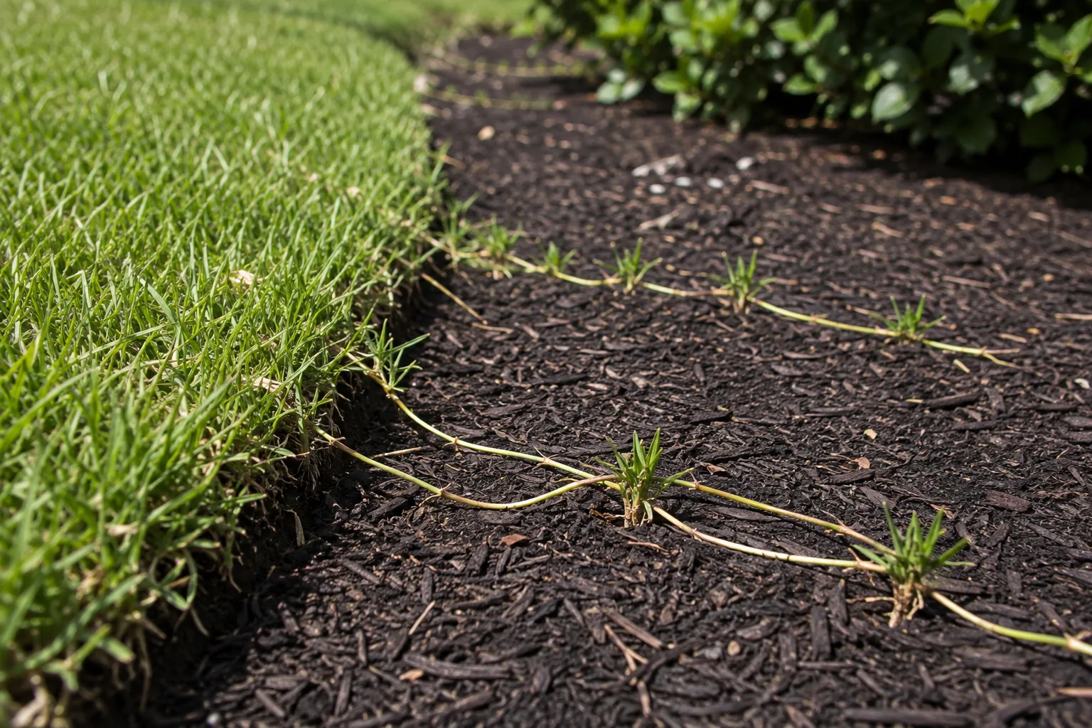 Pale bermuda grass runners crossing out of a lawn over dark mulch in a bed, rooting at nodes with small new shoots rising well away from the lawn edge
