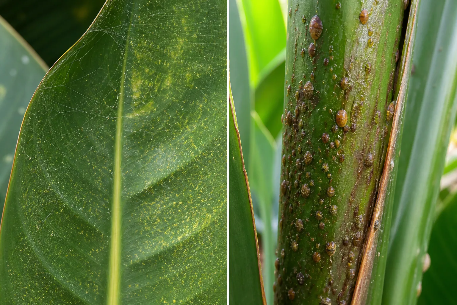 Side-by-side comparison of a Bird of Paradise leaf with fine spider mite webbing and yellow stippling beside a Bird of Paradise stem covered in raised brown scale insects